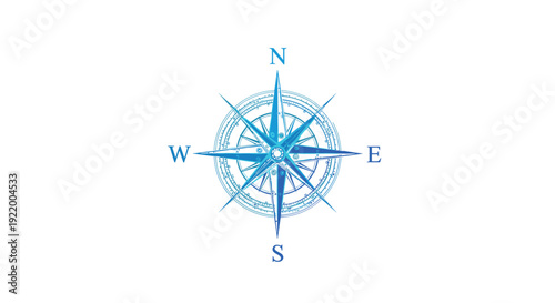 A detailed blue and white compass rose displaying the cardinal directions North, East, South, and West is clearly centered on a plain white background.