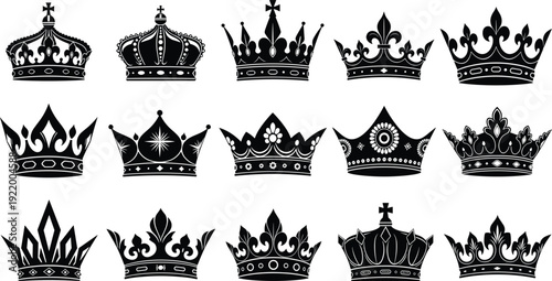 Black silhouette royal crown collection vector illustration, ornate king and queen headwear designs, decorative medieval heraldic symbols isolated on white background