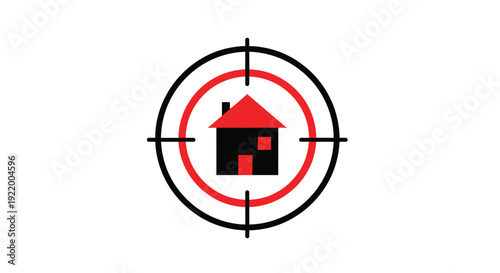 A small black house icon with a red roof is perfectly centered within a prominent target symbol featuring concentric black and red circles on a clean white background.