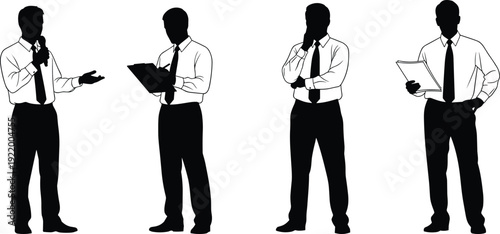 Black silhouette set of four businessmen in formal wear holding documents discussing strategy thinking and reading reports, business teamwork leadership concept isolated on white background