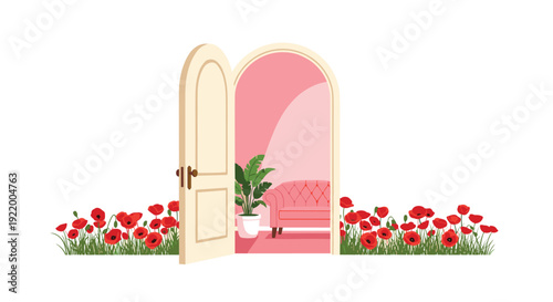 An open arched wooden door provides a view into a vibrant pink room furnished with a sofa and a potted plant, surrounded by red poppies and green grass.