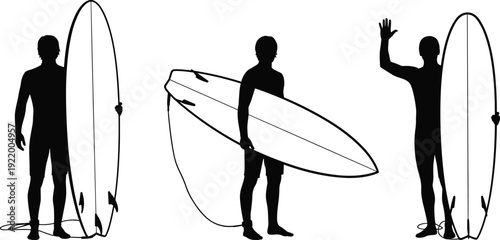 Black silhouette set of surfers holding surfboards, surfing lifestyle illustration showing beach, ocean sport action, summer wave riding, minimal design for outdoor recreation themes