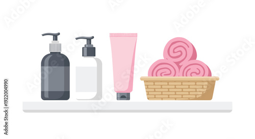 A collection of black and white pump bottles and a pink tube stand neatly on a white shelf next to a wicker basket holding several rolled pink towels.