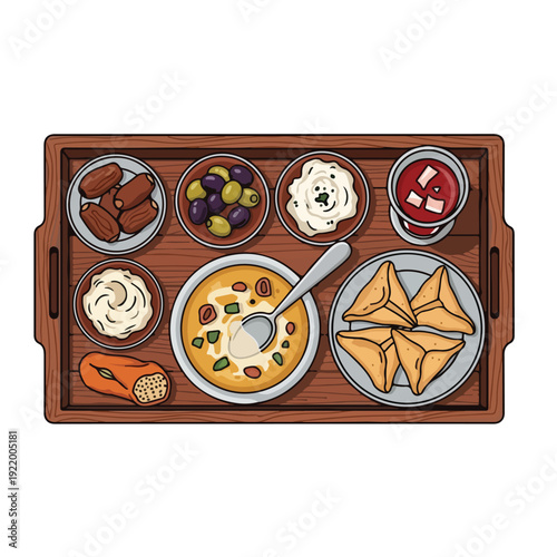Assorted Dips and Snacks on Tray.