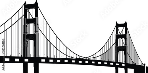 Black silhouette suspension bridge vector illustration, iconic city landmark architecture with cables and towers, urban transportation infrastructure isolated on white background