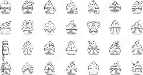 Collection of hand drawn black line cupcakes and pretzels on white background muffin dessert sweet