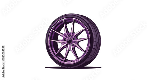 A detailed side view of a modern car wheel featuring a shiny purple rim and a dark tire with visible tread, isolated against a white background.