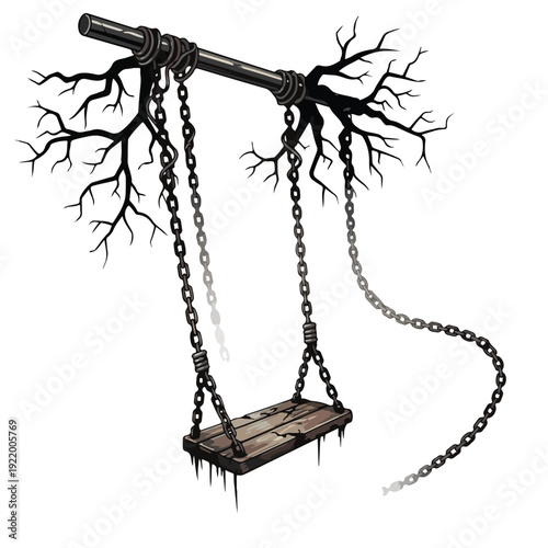 Black wooden swing with chains and roots.