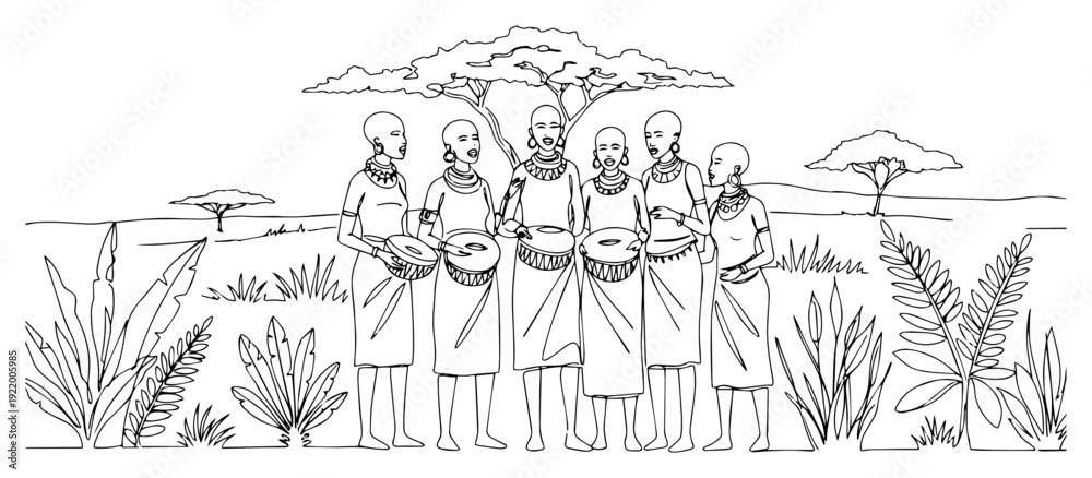 Obraz premium African women tribe playing drums in savanna landscape with acacia trees line art