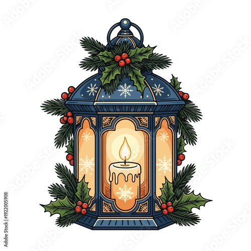 Christmas Lantern with Candle and Holly Decoration.