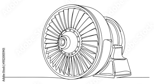 Jet engine turbine for aircraft propulsion and aerospace engineering in continuous line art style