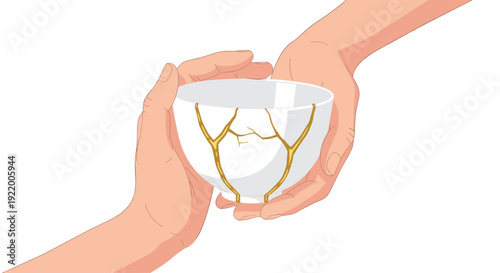 Two sets of human hands gently cradle a beautiful white ceramic bowl visibly mended with distinctive golden kintsugi repairs, against a plain background.