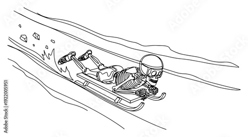 Skeleton riding a sled in winter sports race for dark humor and extreme competition concept