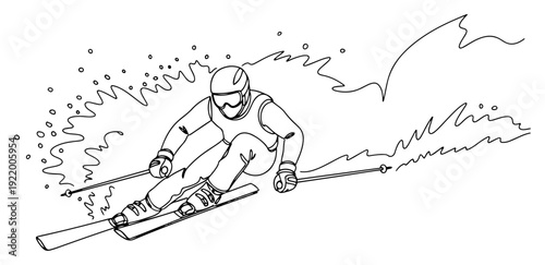 Skier skiing downhill in fast action for winter mountain sports and vacation concept