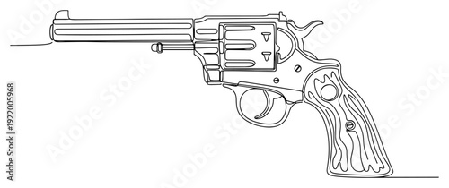 Classic revolver pistol handgun in continuous line art style for law enforcement or western concept