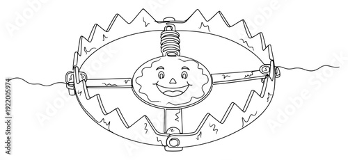 Metal bear trap with smiling face bait for deception or addiction concept in line art style