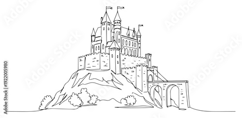 Medieval castle fortress on a hill with bridge in continuous line art style