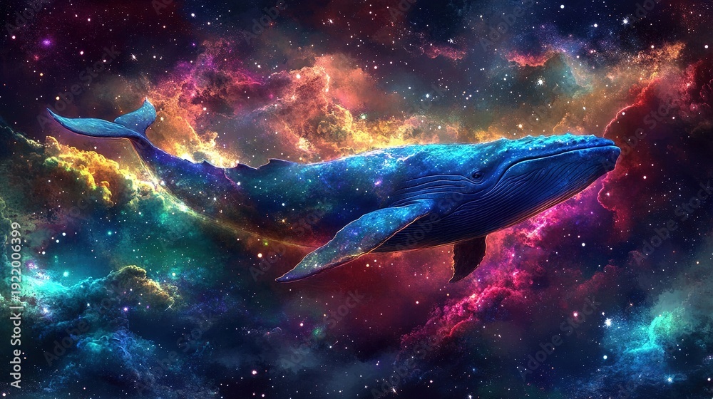 Fototapeta premium Whale of Cosmos: A breathtaking cosmic artwork depicts a whale swimming gracefully through a nebula of vibrant colors and celestial wonders, capturing the mysteries and grandeur of the universe. 
