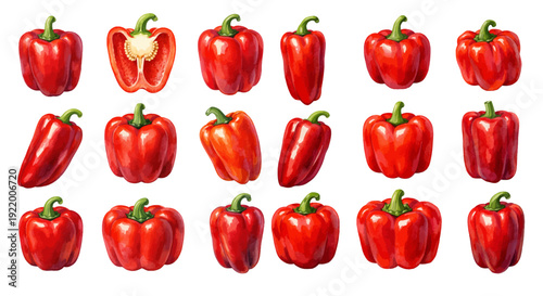 A charming watercolor collection of red bell pepper clipart, including whole peppers, halved cross-sections, glossy surfaces, green stems, and vibrant red tones.