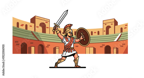 A powerful ancient Roman warrior wearing a classic helmet and battle armor stands prominently in a large, open-air arena.