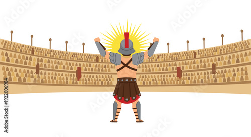 A victorious gladiator in detailed battle armor stands with raised arms, celebrating in a vast, crowded Roman amphitheater.