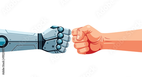 A realistic human hand and a futuristic robotic hand make a firm fist bump gesture, symbolizing collaboration on a white background.