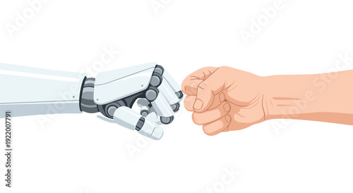 A human hand and a sleek white robotic hand are performing a friendly fist bump gesture on a clear, isolated white background.