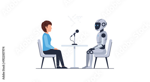 A brown-haired woman in a blue shirt and a silver humanoid robot sit opposite each other at a table with a microphone for an interview.