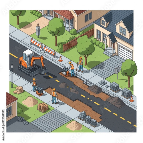 Construction workers repairing a residential street with an excavator.