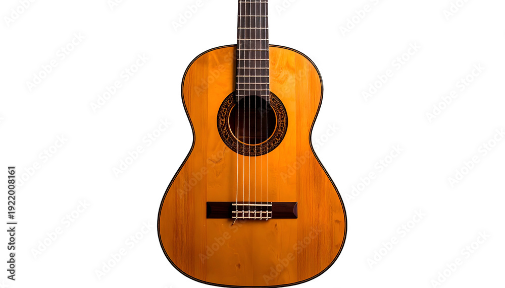 Obraz premium A classic acoustic guitar stands alone against a black background, centered and in focus