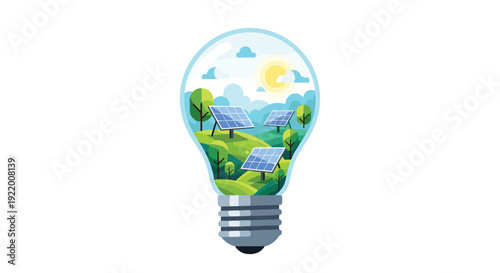 A clear lightbulb contains a sunny landscape scene with green hills, trees, solar panels, and clouds in the sky.