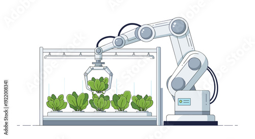 An automated robotic arm meticulously harvests fresh green leafy plants cultivated in a modern hydroponic indoor farming setup.