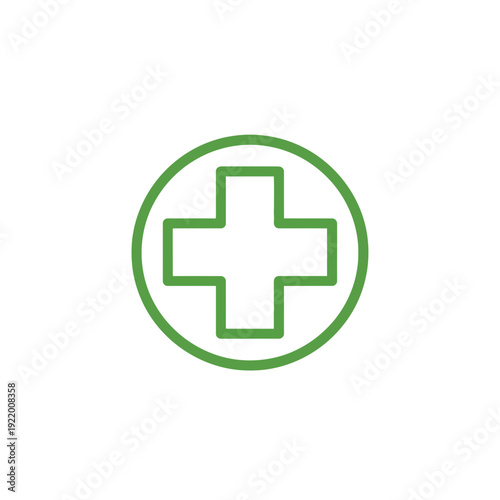 Green medical cross symbol within a circle, representing essential healthcare and first aid. This clean, simple outline icon conveys wellness, emergency support, and general medical assistance