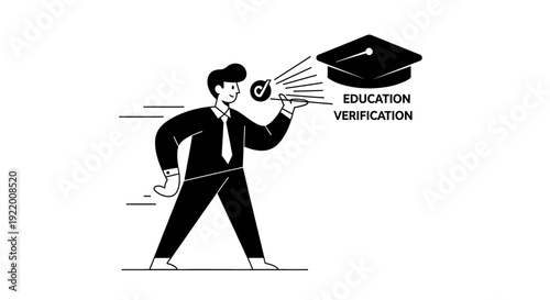 Illustration of a person holding a megaphone with a graduation cap and the words education verification, representing the process of checking academic credentials and qualifications