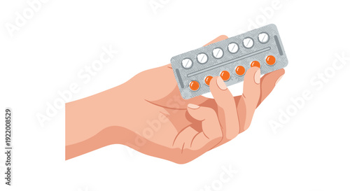 A person's hand carefully holds a grey blister pack containing both round white and distinct orange pills against a clean white background.