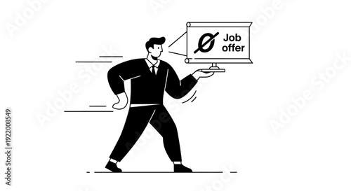Rejection of a Job Offer Concept Illustration Businessman Denying a Job Offer Presented on a Digital Screen, Symbolizing Career Rejection and Missed Opportunities