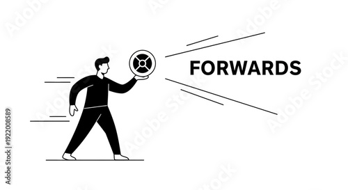 A stylized illustration of a person holding a disc-like object and the word FORWARDS depicted with motion lines, representing progress, movement, and future direction