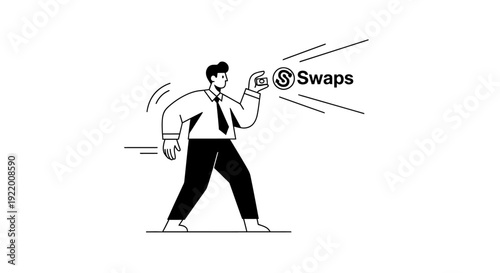 Person holding a coin with the word 'Swaps' as currency, symbolizing financial transactions, trading, and exchange in the business world with a minimalist design