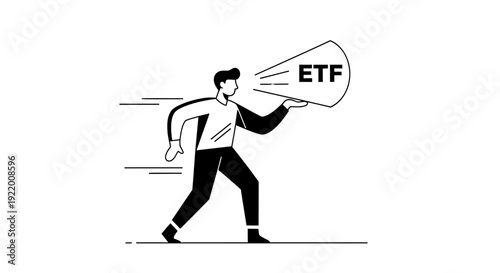 Man with ETF announcement megaphone, concept of investment fund promotion and financial market news dissemination, strategic trading opportunities for growth and profit