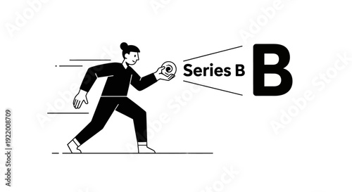 Person with a ball reaching for Series B, suggesting investment or funding rounds, abstract concept, corporate finance, and startup growth