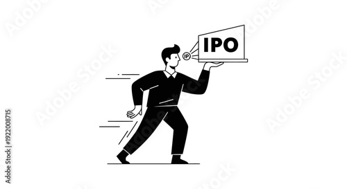 Man Holding Laptop With IPO Text Displayed On Screen, Symbolizing Initial Public Offering, Business Growth, and Investment Opportunities