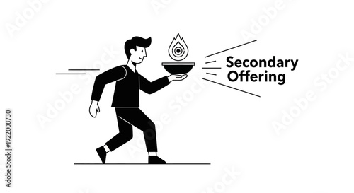 Business concept of a man in a suit holding a bowl with a flame and the text 'Secondary Offering' symbolizing a financial event