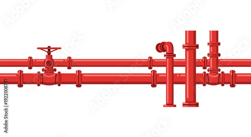 Parallel red industrial pipes with a large central valve and multiple vertical connecting sections form a horizontal system.