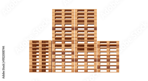 Several stacks of new wooden pallets are neatly arranged on a white background, ready for use in shipping and logistics operations.