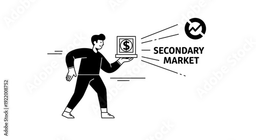 Man holding laptop showing secondary market with growth chart representing investment opportunities and financial growth in business sector