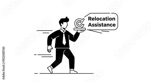 Illustration of a businessman carrying a sign about relocation assistance on a tray, representing support and services for moving to a new location, ideal for corporate or real estate advertising