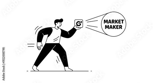 A Man Holds a Spotlight On the Words Market Maker, Illustrating the Concept of Market Creation and Influence in Business