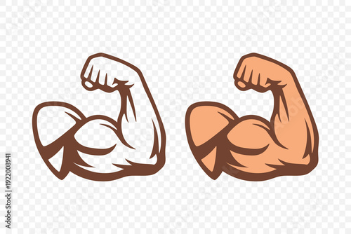 Cartoon Strength Arm Icon, Vector Illustration. Strength Muscle, Flexing Bicep Set. Fitness Gym Workout Symbol. Strong Power Bodybuilder Emblem, Isolated Outline and Filled Design