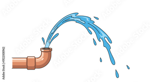 A brown curved water pipe is shown forcefully gushing a large, arching stream of blue water with many splashes on a white background.
