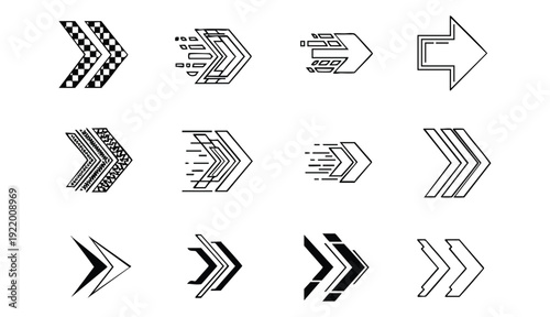 Set of black and white arrows and speed lines elements, vector illustration for rank titles, graphic design, racing visuals, motorsport graphics, dynamic layouts, motion design, digital media,